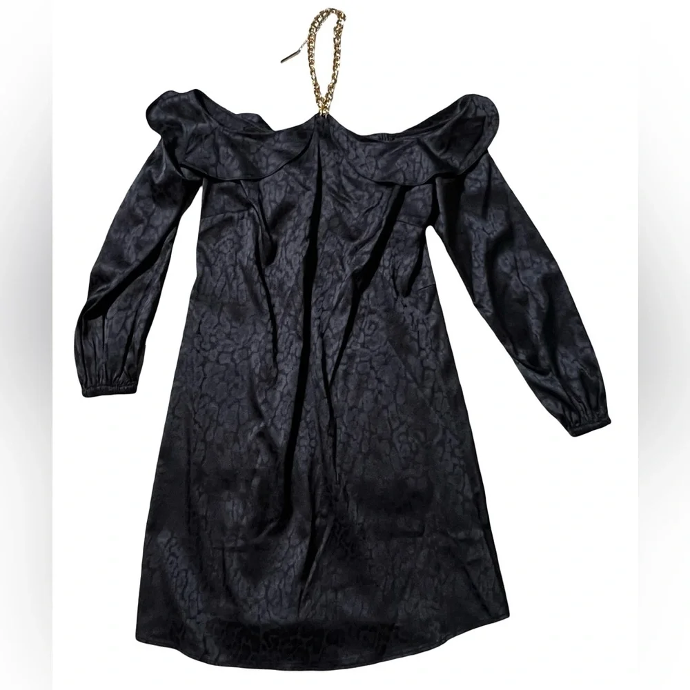 Michael Kors Black Chain Strap Mini Dress women’s XS NWT Jacquard Long Sleeve - Picture 2 of 16